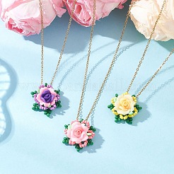 3Pcs 3 Colors Polymer Clay Flower & Glass Seed Beaded Pendant 304 Stainless Steel Cable Chain Necklaces&nbsp;NJEW-MZ00132