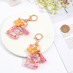 Fashion Alphabet Initial Letter Resin Keychain with Tassel Gradient Butterfly Pendant Key Ring&nbsp;KEYC-WH0027-105B
