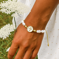 Adjustable Brass Flat Round with Religion Cross & Imitation Pearl Braided Bead Bracelets for Women&nbsp;FT2047