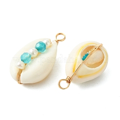 Faceted Round Natural Agate(Dyed & Heated) & Pearl Copper Wire Wrapped Pendants&nbsp;PALLOY-JF05538