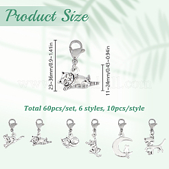 60Pcs 6 Styles Cat Alloy Pendant Decorations&nbsp;HJEW-GO00223