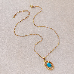 Vintage 304 Stainless Steel & Dyed Synthetic Turquoise Oval Pendant Necklaces for Women&nbsp;VG0712