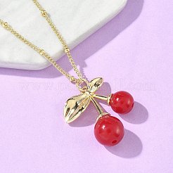 Brass Resin Fruit Cherry Pendant Satellite Chain Necklaces for Women&nbsp;NJEW-D306-02G-A