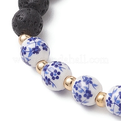 2Pcs Handmade Flower Printed Porcelain Ceramic & Natural Lava Rock Beads Stretch Bracelets for Women&nbsp;BJEW-JB13016