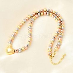 Three-color Brass Heart & Round Beaded Necklaces for Women&nbsp;NJEW-D314-10PG