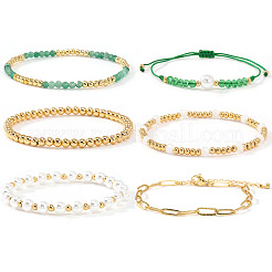 6Pcs 6 Styles Adjustable White Round Imitation Pearl & Glass & Brass Beaded Stretch Bracelet Sets&nbsp;HI6253-1