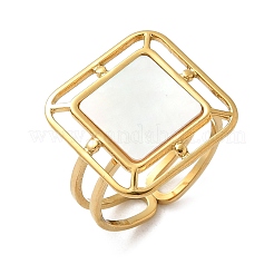 Square 304 Stainless Steel White Shell Cuff Rings for Women&nbsp;RJEW-G346-03G-02