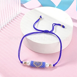 Glass Pearl & Seed Column with Heart Link Bracelet&nbsp;BJEW-MZ00028-02