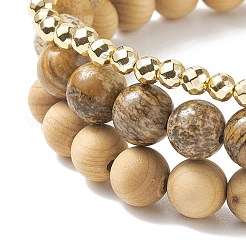 3Pcs 3 Style Natural & Synthetic Mixed Stone & Wood & Brass Stretch Bracelets Set with Glass Teardrop for Women&nbsp;BJEW-JB08355