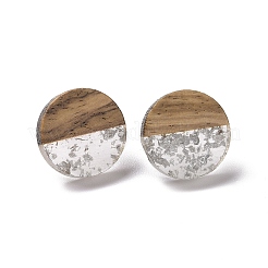 Resin & Walnut Wood Flat Round Stud Earrings with 304 Stainless Steel Pin for Women&nbsp;EJEW-N017-010