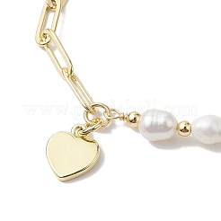 Natural Cultured Freshwater Pearl Beads Paperclip Chains Heart Charm Bracelets with Toggle Clasps for Women&nbsp;BJEW-JB10193