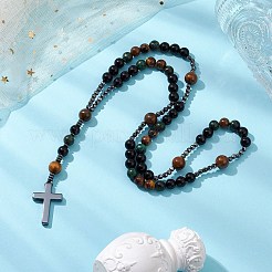 Natural Tiger Eye & Obsidian & Bloodstone Rosary Bead Necklaces&nbsp;NJEW-JN05114-01