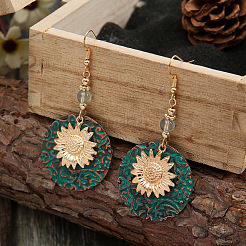Bohemian Style Flat Round with Sunflower Alloy Glass Dangle Earrings&nbsp;FS-WG7EAB8-01