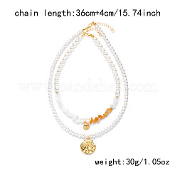 Summer Beach Alloy Shell Shaped Pendant Plastic Imitation Pearl & Natural Red Aventurine Beaded Double Layer Necklaces for Women&nbsp;FS-WGF3BD7-09
