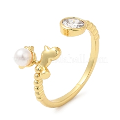 Plastic Pearl Christmas Deer Open Cuff Ring with Cubic Zirconia&nbsp;RJEW-R139-01G