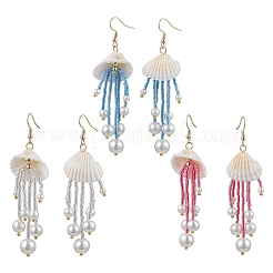 3Pairs Glass & Natural Shell & Non-magnetic Synthetic Hematite Dangle Earrings&nbsp;EJEW-MZ00383