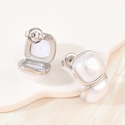 304 Stainless Steel & ABS Imitation Pearl Square Stud Earrings&nbsp;EJEW-Z155-02P
