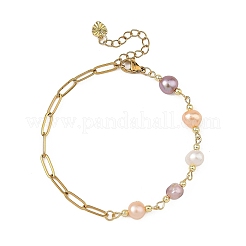 Natural Pearl Two Sides Polished Beaded Chain Bracelets with 304 Stainless Steel Paperclip Chains&nbsp;BJEW-JB14234-02