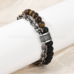 Natural Round Tiger Eye & Frosted Black Bead Bracelets&nbsp;BJEW-M081-01B