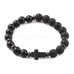 Natural & Synthetic Mixed Gemstone & Wood Cross Beaded Stretch Bracelet&nbsp;BJEW-JB09623
