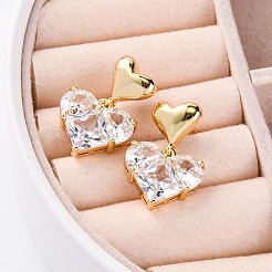 Rack Plating Heart Brass Micro Pave Clear Cubic Zirconia Dangle Stud Earrings&nbsp;EJEW-H147-18G