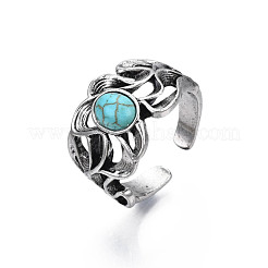 Gothic Punk Skull Alloy Open Cuff Ring with Oval Synthetic Turquoise for Men Women&nbsp;RJEW-T009-53