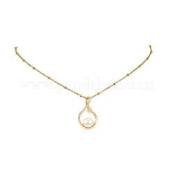 2Pcs 2 Styles Brass Micro Pave Clear Cubic Zirconia & Shell Pearl Teardrop Pendant 304 Stainless Steel Satellite Chain Necklaces for Women&nbsp;NJEW-JN06045