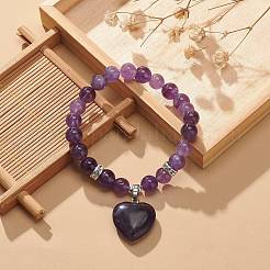 Natural Amethyst Round Beaded Stretch Bracelet with Heart Charm&nbsp;BJEW-JB09019-02