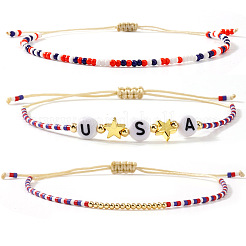 3Pcs 3 Styles Independence Day Glass Seed & Resin Beaded Braided Bead Bracelet Set for Women&nbsp;IL7926
