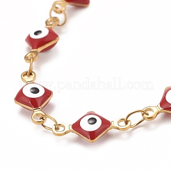 Enamel Rhombus with Evil Eye Link Chains Bracelet&nbsp;BJEW-P271-03G-01