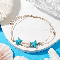 Synthetic Turquoise & Cowrie Shell Braided Starfish & Shell Shape Bead Bracelets for Women&nbsp;BJEW-JB10197-02