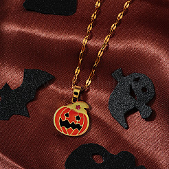 Halloween Witch Hat Pumpkin 304 Stainless Steel Enamel Pendant Dapped Chain Necklaces&nbsp;DD5893
