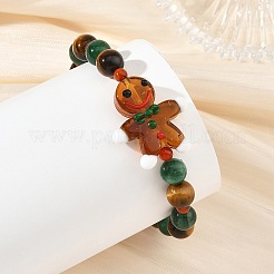 Christmas Handmade Lampwork Gingerbread Man Natural Carnelian & Tiger Eye & Fuchsite Round Beaded Stretch Bracelets&nbsp;BJEW-TA00759