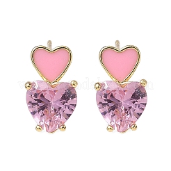Heart Brass Cubic Zirconia Stud Earrings&nbsp;EJEW-A132-05G