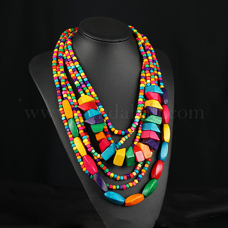 Wholesale Bohemian Style Nuggets Wood Beaded Multilayer Necklaces for
