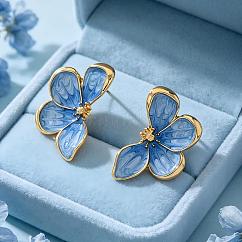 Zinc Alloy Enamel Stud Earrings for Women, Flower, Golden, Cornflower Blue, 35x22mm