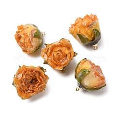 Brass Epoxy Resin Pendants, Inner Dried Flower Pendants, Rose Flower Charm, with Golden Loop, Gold, 19~27x21~27x19~28.5mm, Hole: 1.6mm