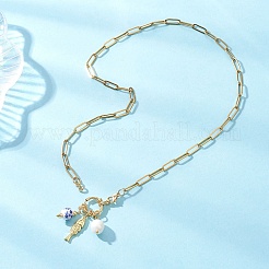 White and Blue Porcelain Round & 304 Stainless Steel Fish & Imitation Pearl Pendant Necklaces for Women&nbsp;NJEW-JN05650