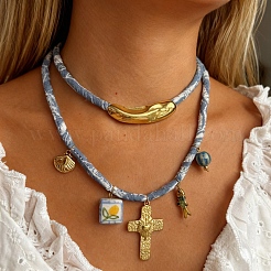 3Pcs 3 Styles Bohemian 316 Surgical Stainless Steel & Porcelain Pendant Blue Printed Cord Necklaces&nbsp;WG87915-04
