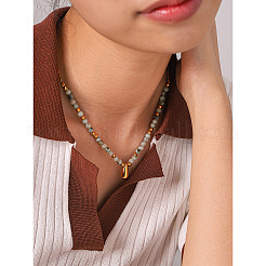 304 Stainless Steel Teardrop Pendant Natural African Turquoise(Jasper) Round Beaded Necklaces for Women&nbsp;WGE7304-01
