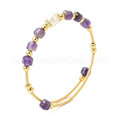 Natural Amethyst & Freshwater Pearl Beaded Copper French Wired Cuff Bangles for Women&nbsp;BJEW-JB13987-02