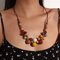 Bohemian Porcelain Round Beaded Imitation Leather Cord Bib Necklaces for Women&nbsp;FS-WG95F0C-01
