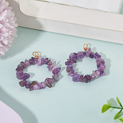 2Pcs Natural Amethyst Chip Beaded Pendants&nbsp;PALLOY-TAC0232-06