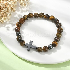 Natural Tiger Eye & Synthetic Hematite Corss Beaded Stretch Bracelets&nbsp;BJEW-JB09845-03