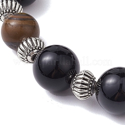12mm Round Natural Black Onyx(Dyed & Heated) & 10mm Round Natural Tiger Eye & Alloy Beaded Stretch Bracelets for Women&nbsp;BJEW-JB10559