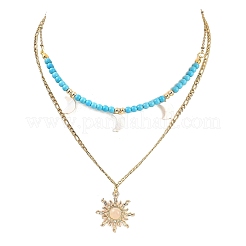 Natural Freshwater Shell & Alloy Glass Sun Pendant Synthetic Turquoise Round Beaded & 304 Stainless Steel Chain Double Layered Necklaces for Women&nbsp;NJEW-JN05469-03