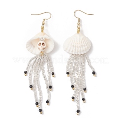 304 Stainless Steel Dyed Synthetic Turquoise & Natural Black Onyx & Glass Seed Beaded Dangle Earrings&nbsp;EJEW-MZ00530-02
