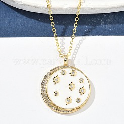 Brass Micro Pave Clear Cubic Zirconia Enamel Flat Round Moon Pendant Necklaces for Women&nbsp;NJEW-S449-03C-G