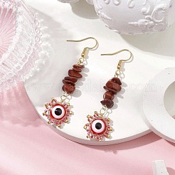 Evil Eye Natural Red Jasper Chip & Seed Beads Dangle Earrings&nbsp;EJEW-MZ00166-03