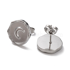 Tarnish Resistant 304 Stainless Steel Flat Round with Moon Ear Studs for Women&nbsp;EJEW-P234-15P